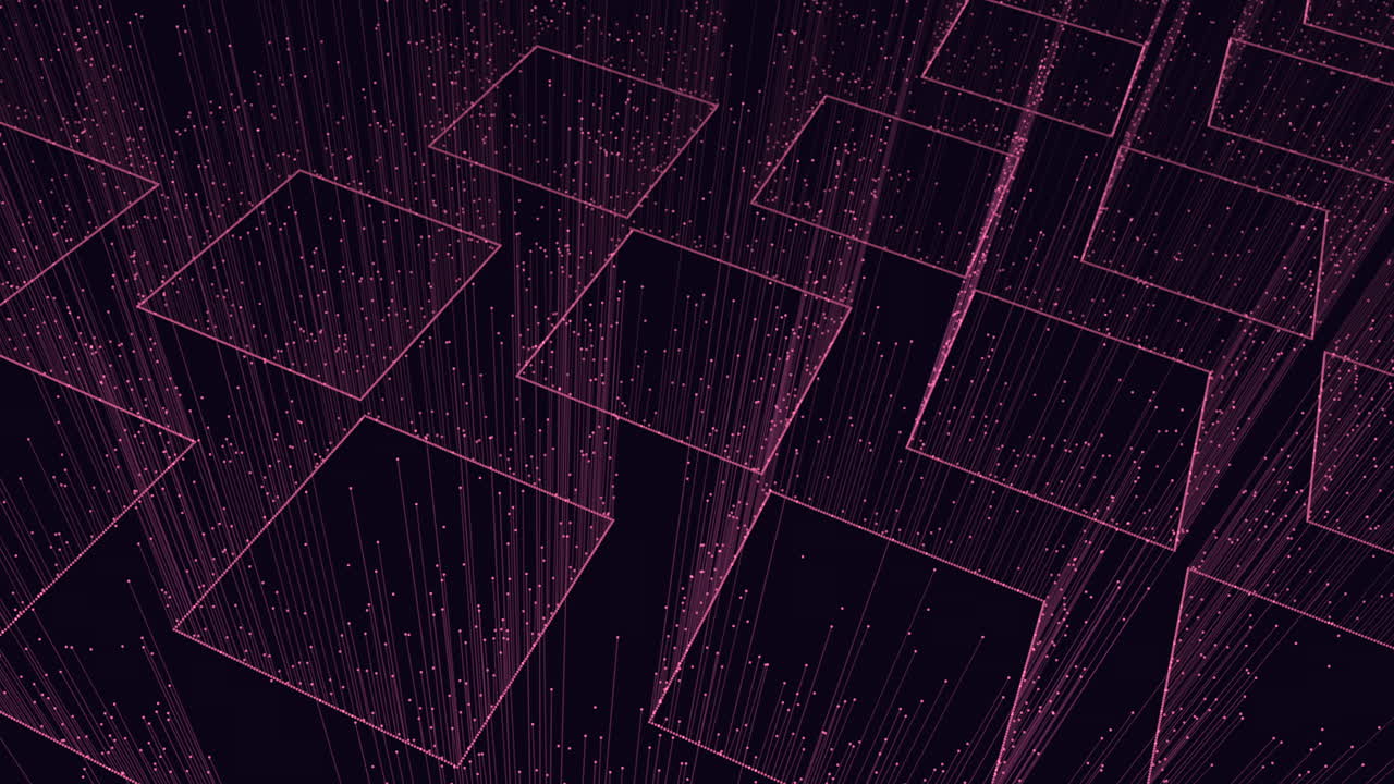 An abstract black and purple grid featuring small squares, rectangles, and scattered dots creates a modern, geometrical pattern that is visually captivating