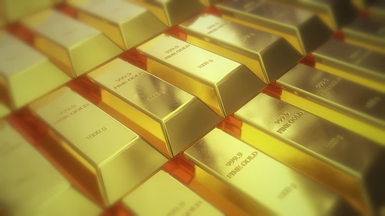 Close-up shot of stacks of gold bars 1000 grams, 3d rendering dolly shot from left to right, motion looping concepts of success in business and finance.