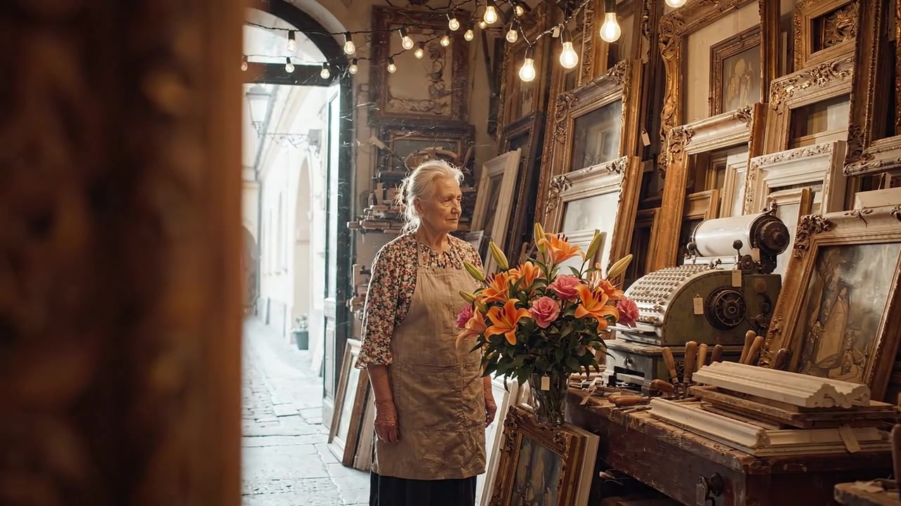 Un anziano artigiano si erge con orgoglio tra bellissime cornici e fiori vivaci in un affascinante studio pieno di creazioni artistiche e luce calda e accogliente.