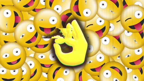 Digital-animation-of-glitch-effect-over-ok-hand-sign-emoji-against-multiple-silly-face-emoji