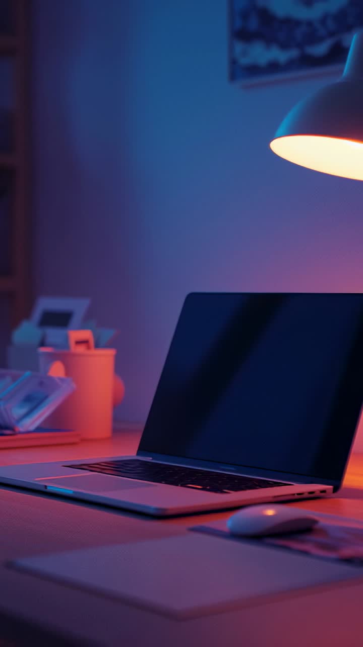 Vertical video: Displaying home workspace featuring closed laptop under warm lamp glow, with plant