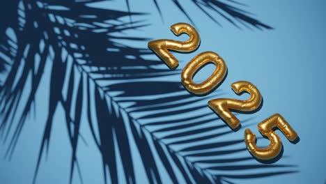 greeting happy new year 2025 with blue background palm tree gentle breeze , tropical holiday concept