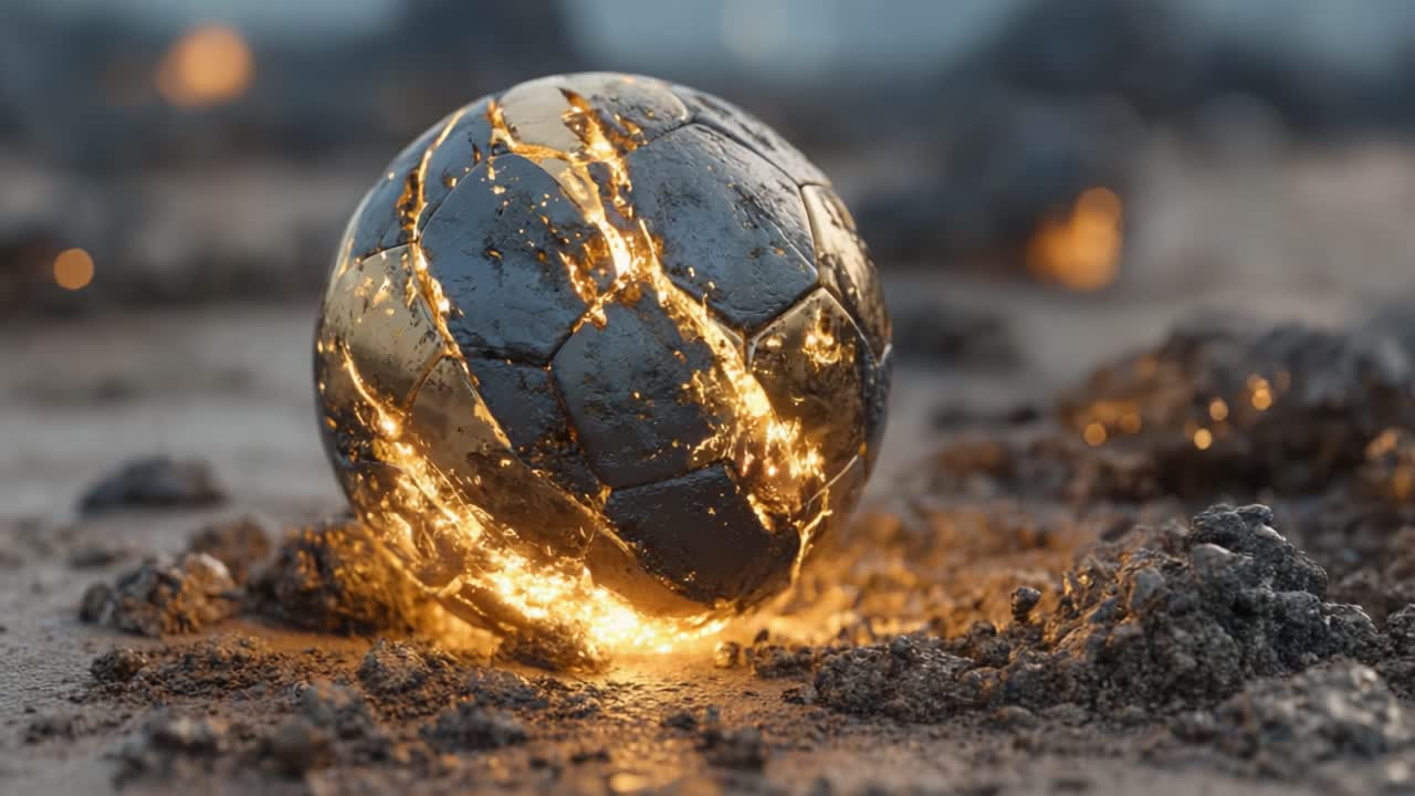 Ein atemberaubendes Bild eines rissigen, glühenden Fußballs, der geheimnisvoll in felsigem Gelände liegt und die Interaktion von Licht und Textur in einer einzigartigen Szene hervorhebt
