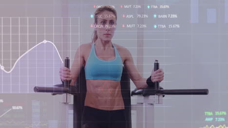 animación del procesamiento de datos financieros sobre una mujer caucásica haciendo ejercicio en el gimnasio