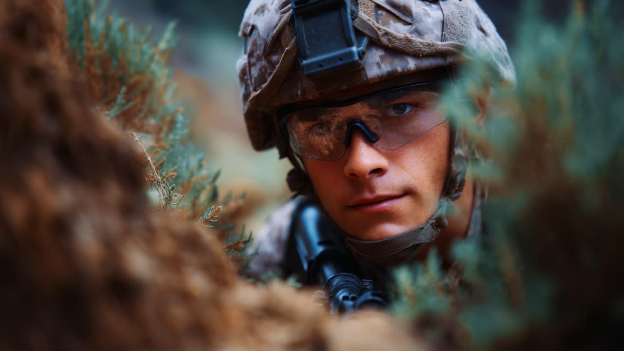 Intense Focus: A Soldier's Determination Captured in a Moment of Stealth and Precision Amidst Camouflage and Nature, Highlighting Courage and Resilience