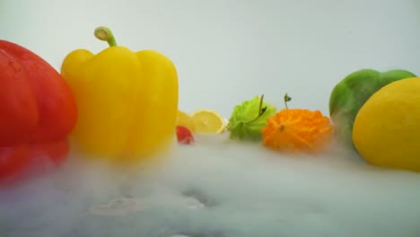 vegetarian ingredients, fruits and vegetables are enveloped in smoke against a white backdrop, symbolizing the concept of culinary innovation and healthy lifestyle choices