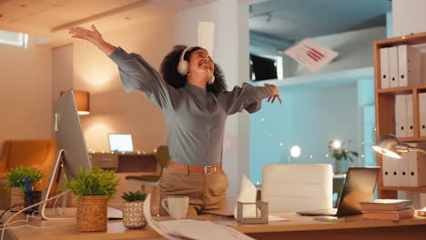 happy woman, headphones and dance in office