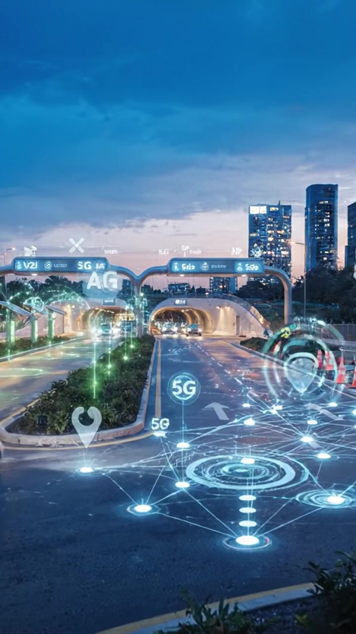 Futuristic urban roadway scene showcasing 5G technology and connected cars navigating through digital networks, under an evening sky with city skyline background.