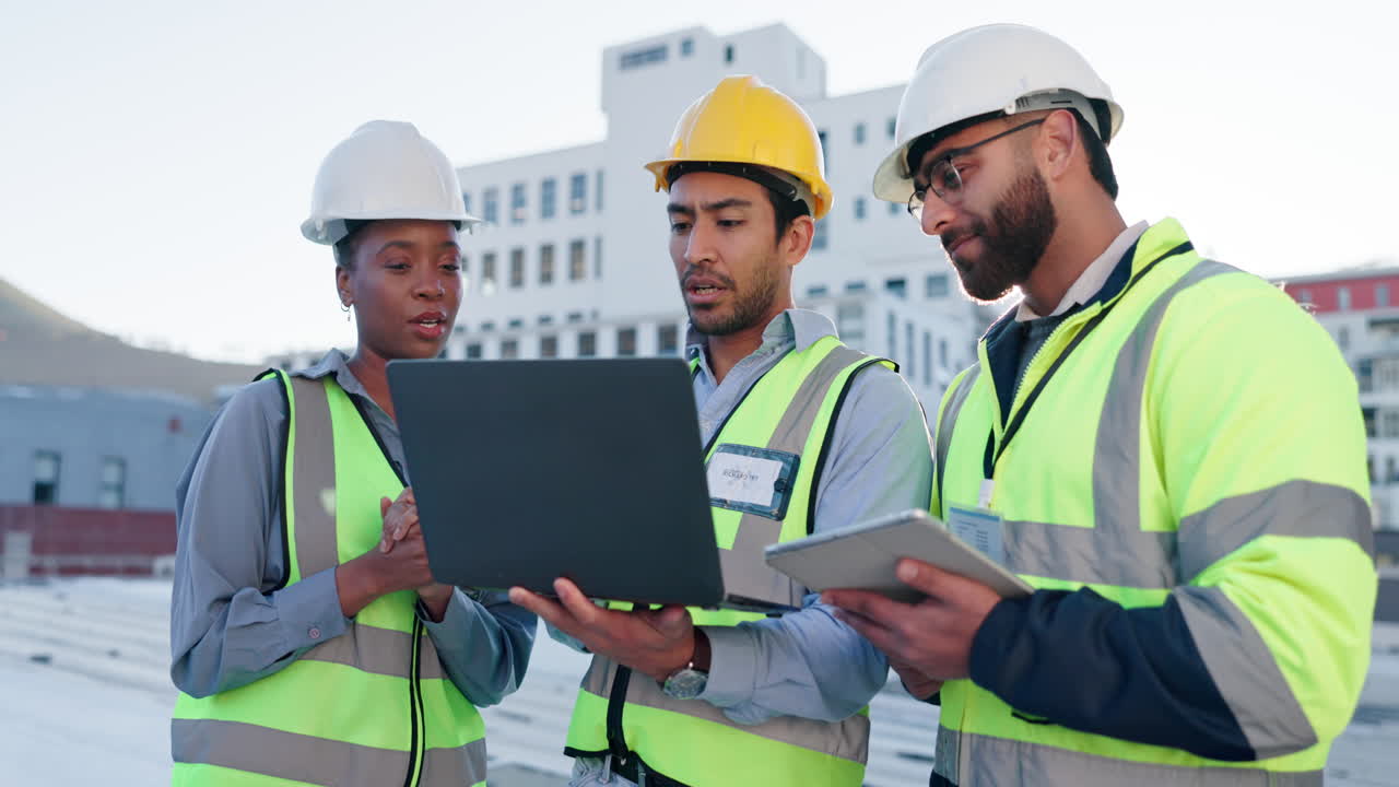 Construction Team Discussing Project on Rooftop