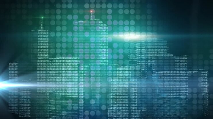 Animation of rows of shimmering spots over 3d model of city