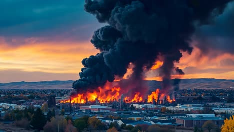 una gran columna de humo negro sale de una gran área industrial