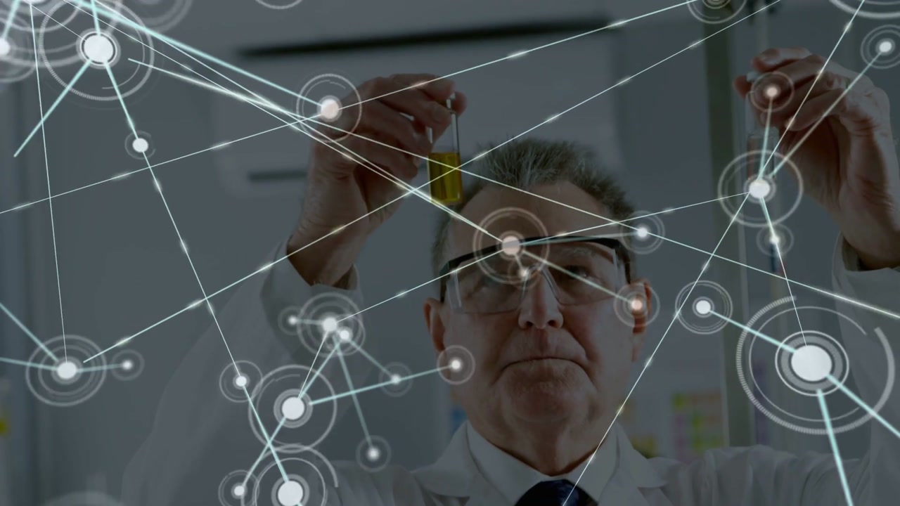 Sr scientist holding vials aligning amber samples to HUD appearing network expanding for lab assay