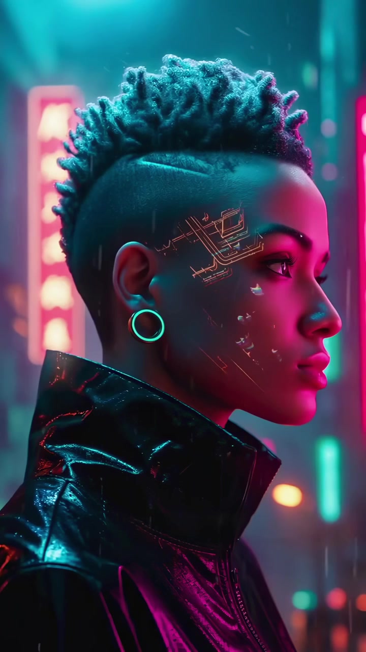 Cyberpunk-kvinne med neon ansiktsimplantater i en regnfull by