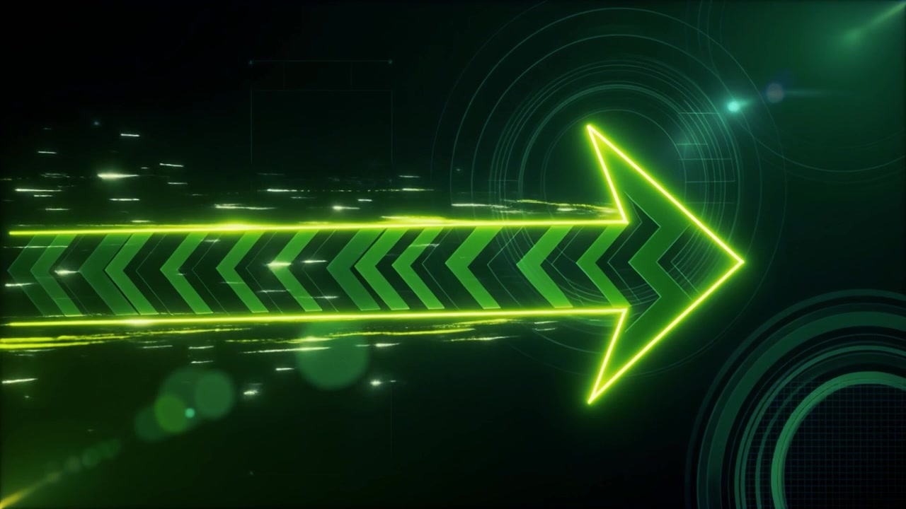 Glowing Green Neon Arrow Moving Forward in Digital Space
