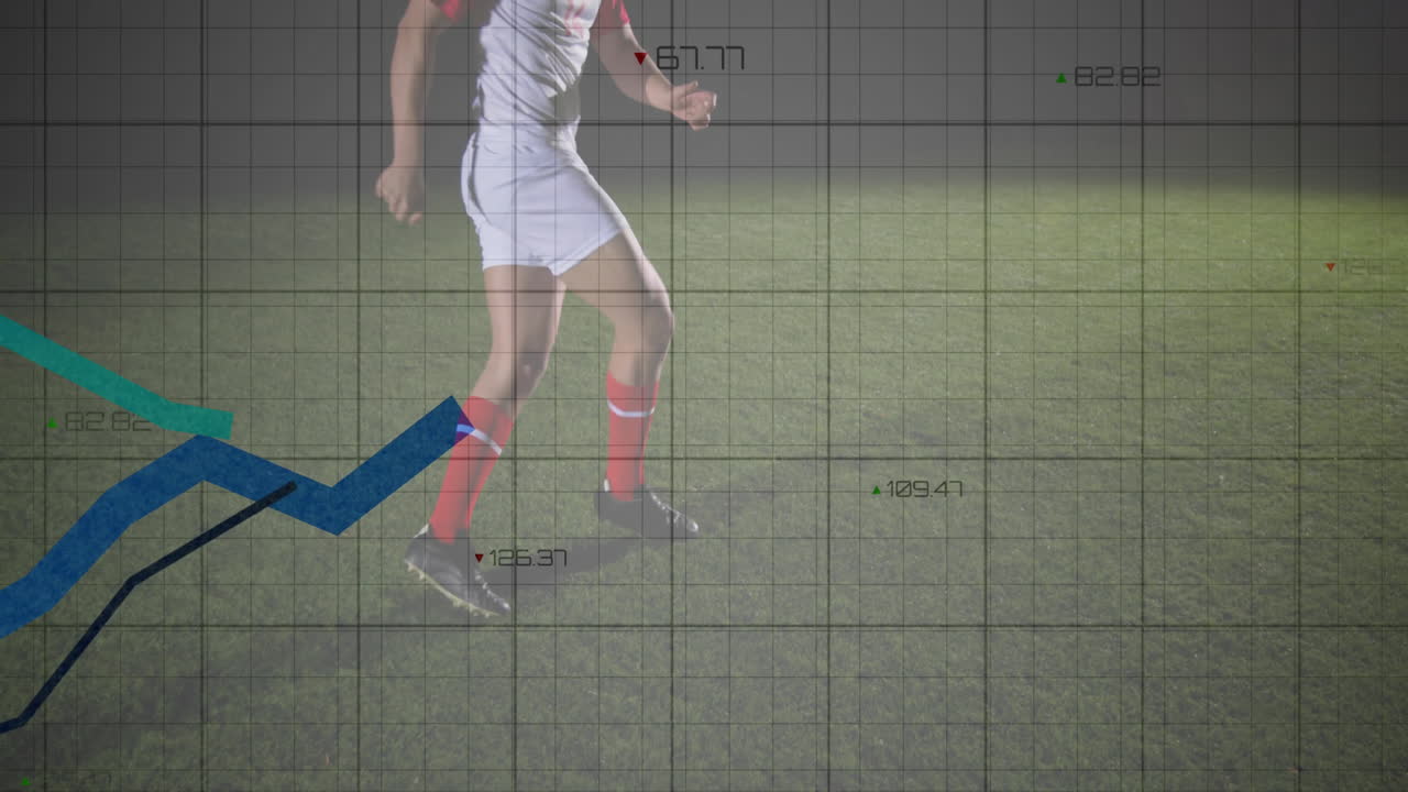 male soccer player kicking on grass field, featuring sports technology grid and rising metrics
