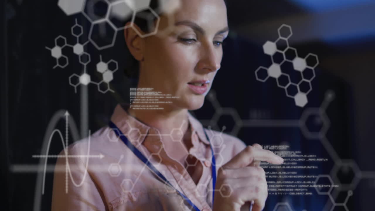 Animation of data processing and chemical formula over caucasian businesswoman in server room