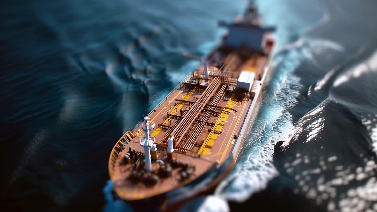Et luftfoto af et stort fragtskib, der navigerer gennem oprørt vand, med fokus på dækket og maskineriet til på- og aflæsningsoperationer.