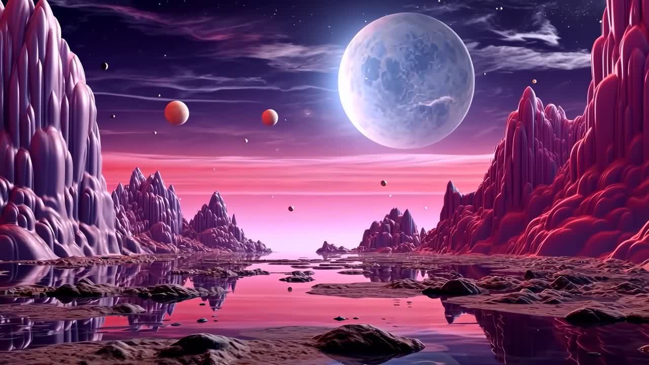 Surreal alien landscape with pink mountains and a large moon