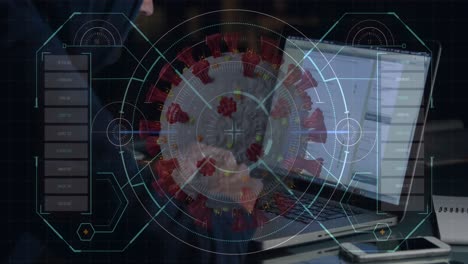animation of a hacker hooded man over a macro coronavirus covid-19 cell floating