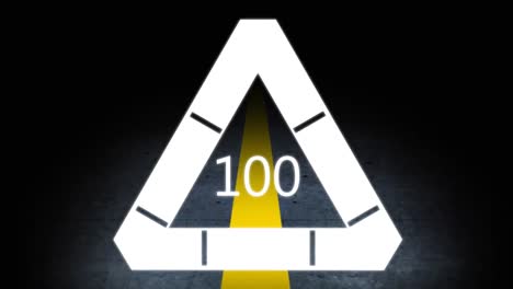 Number-100-in-a-loading-triangle-against-yellow-road-line-