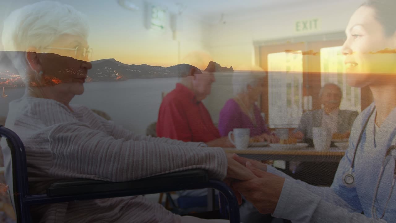 animación de mujeres mayores caucásicas y hombre y mujer médico sobre paisaje marino