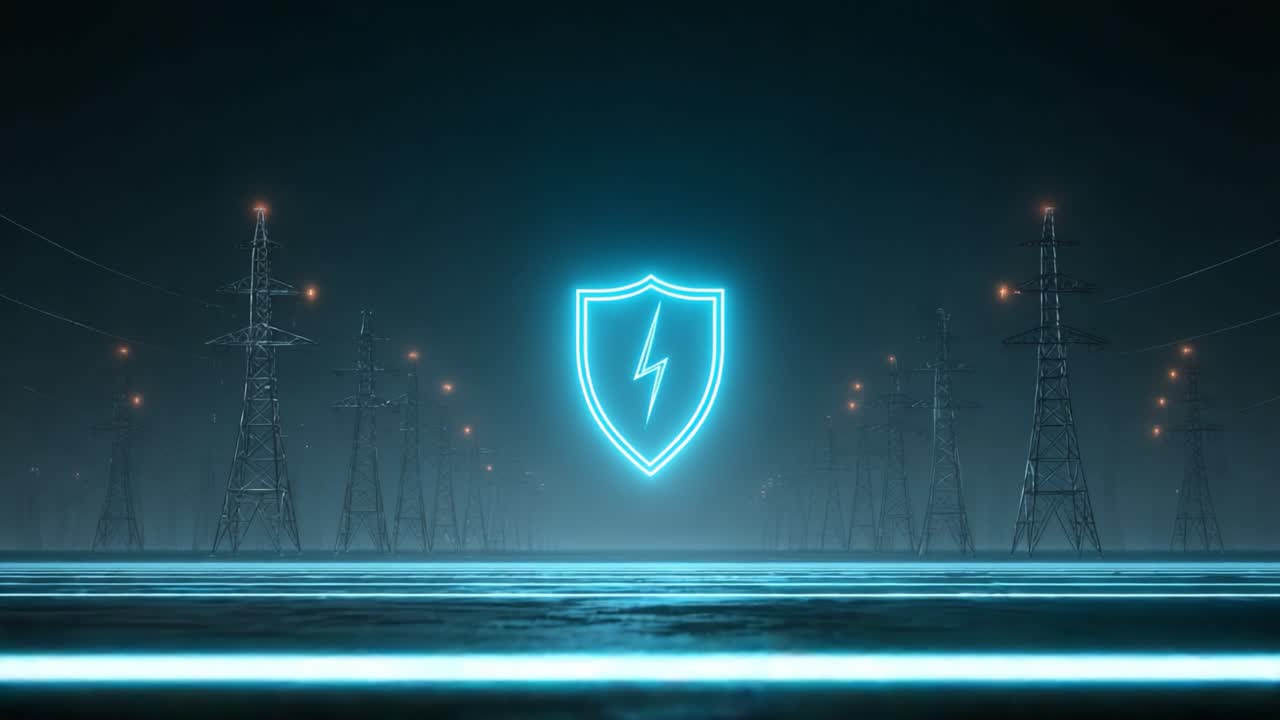 A vibrant illustration depicting a glowing shield symbolizing protection and safety amidst towering electrical pylons against a dark atmospheric backdrop, emphasizing energy security
