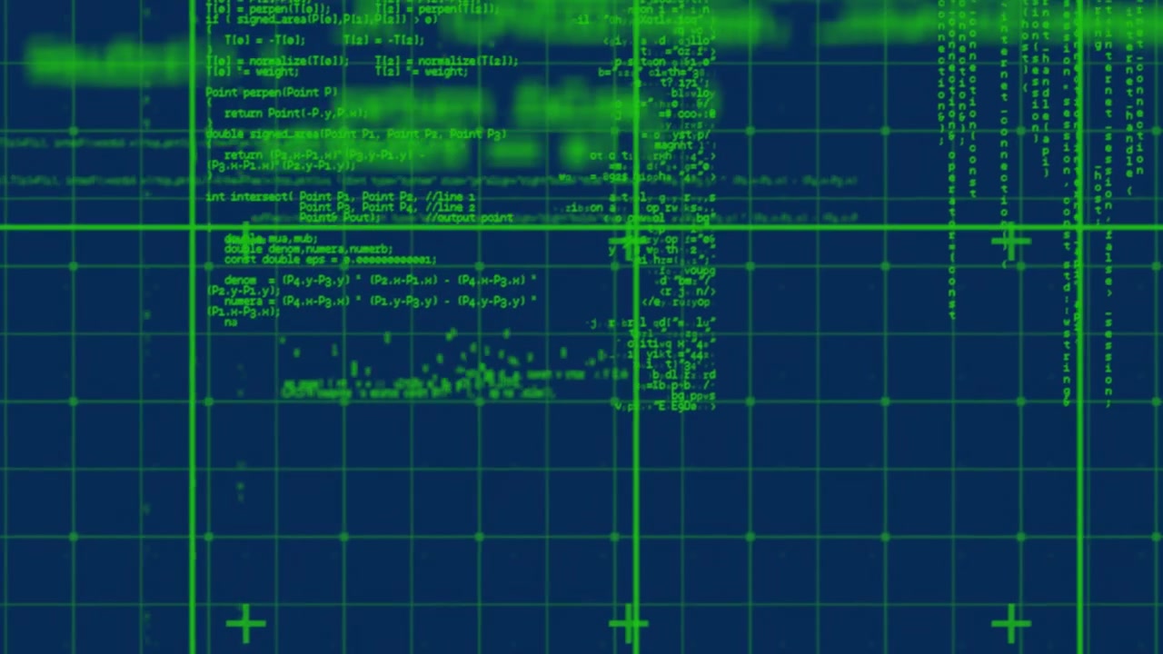 Animation of data processing over grid on blue background