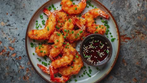 shrimp tempura served on plate with dipping sauce