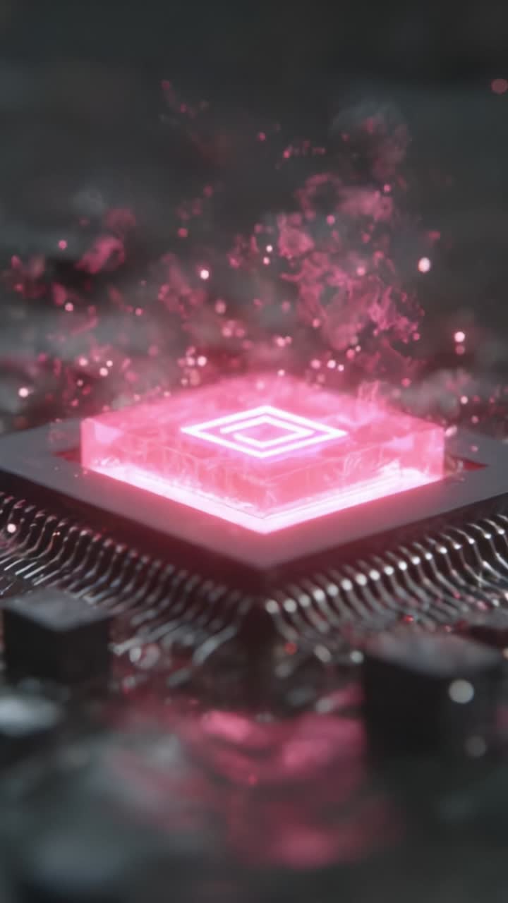 A Stunning Glimpse into an Advanced Microchip Design, Featuring a Vibrant Pink Glow and Enigmatic Smoke, Representing Modern Technology's Cutting-Edge Capabilities