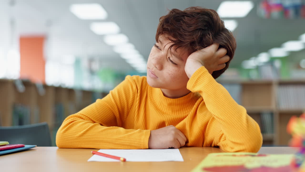 Ragazzo pensieroso a una scrivania in biblioteca