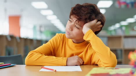 boy thinking at desk in library