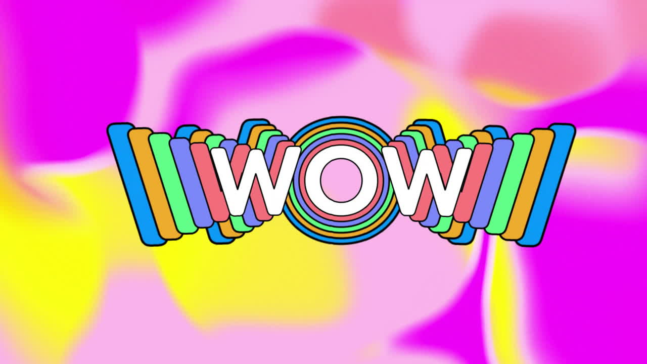 다채로운 배경 위에 와우 텍스트의 애니메이션