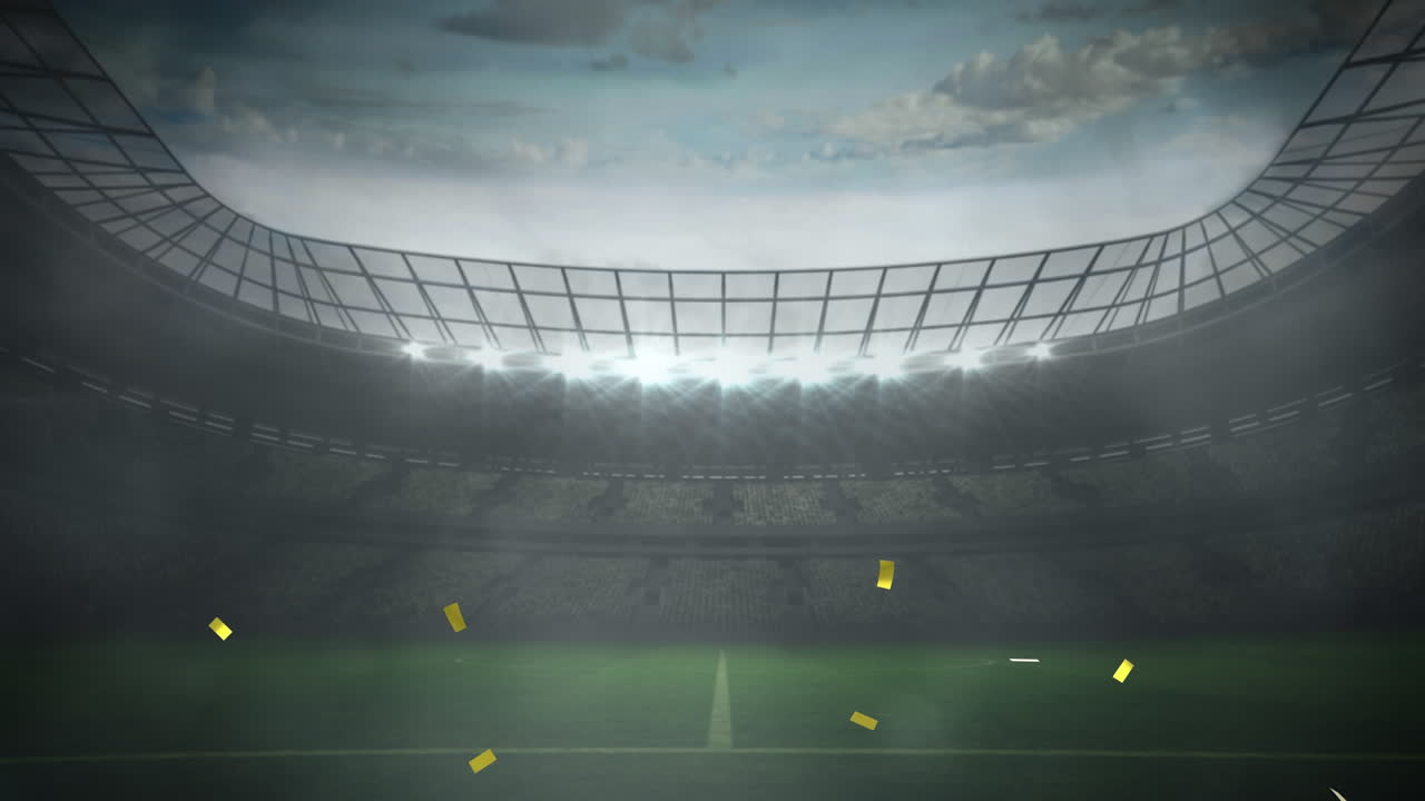 animación de confeti de oro cayendo sobre el estadio deportivo