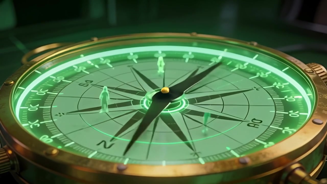 Rotating brass compass in lab, green ring activating, needle settling and holograms showing heading