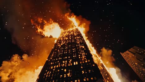 a tall building is engulfed by flames in the middle of a city