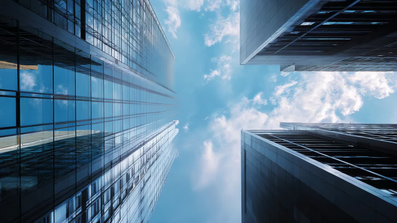 Gazing Upward: A Stunning Perspective of Towering Glass Skyscrapers Stretching Toward the Sky, Captured in High Resolution, Showcasing Modern Architectural Design and Urban Engineering Excellence