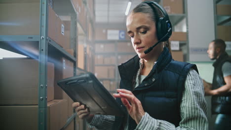 warehouse employee using tablet for inventory management