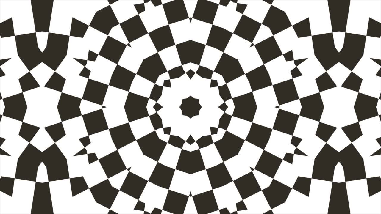 Sfondo astratto caleidoscopico. Motivo grafico in movimento. Loop visivo ipnotico di caleidoscopio per palcoscenico