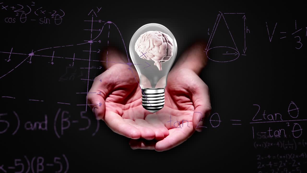 Animation of hands holding light bulb with brain over mathematical equations on black background