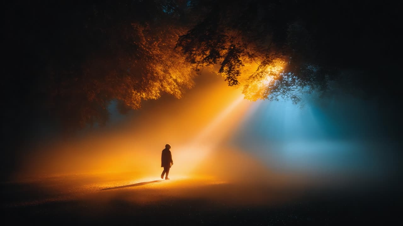 A solitary figure walks through a mystical fog, illuminated by contrasting beams of warm and cool light filtering through the trees, creating an ethereal atmosphere