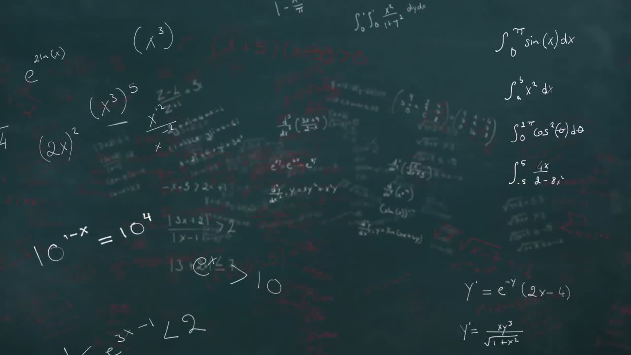 Animation of multicolored mathematical equations floating over abstract background