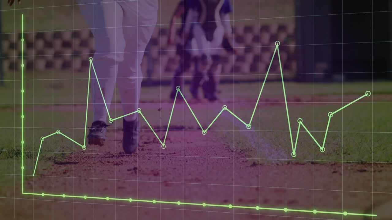 Animation of fluctuating graph over baseball players running on field in school