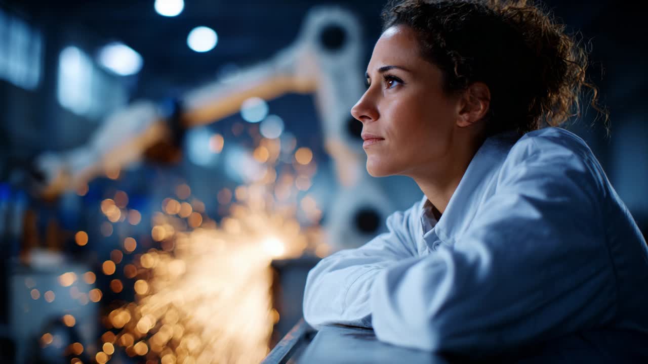 A thoughtful engineer contemplates the future of automation while observing advanced robotic technology at work in a bustling industrial environment, showcasing innovation and human ingenuity combined