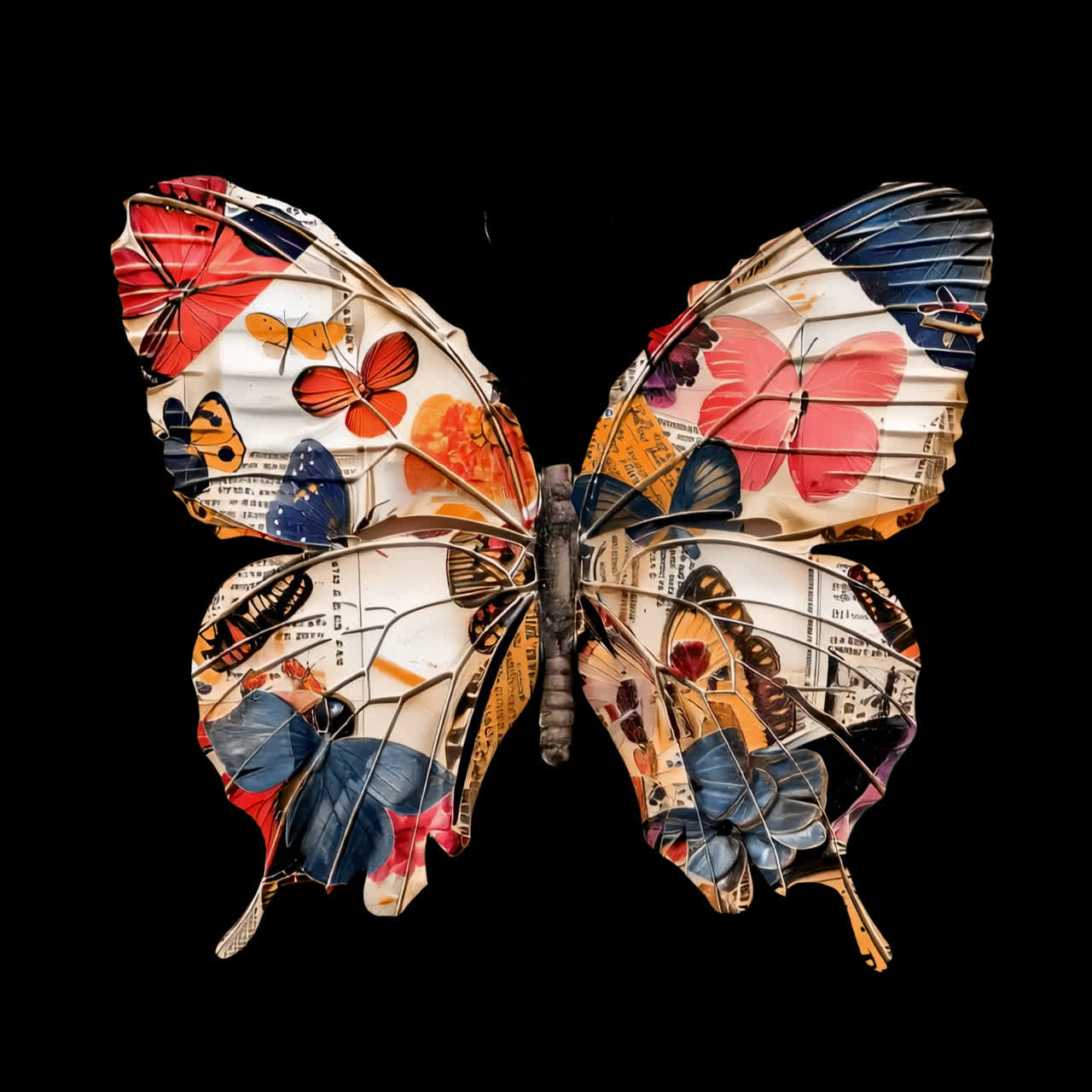Animazione artistica di collage di farfalle colorate come elemento isolato, video 4K trasparente, canale alfa, ProRes