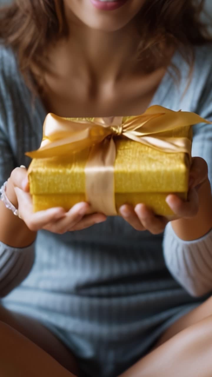 Una donna presenta con gioia una scatola regalo dorata splendidamente incartata con un nastro lucido, catturando un momento di eccitazione e anticipazione in un ambiente accogliente.