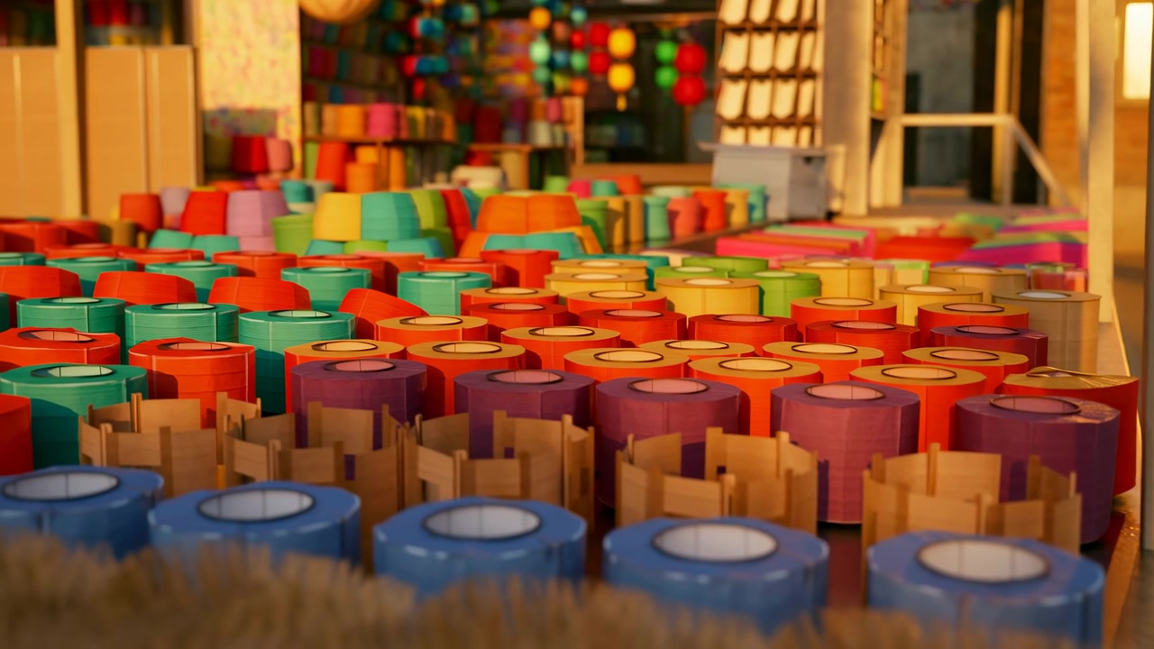 A static scene showcasing rows of colorful cylindrical objects in an indoor industrial setting with neutral lighting and a wide shot. The objects are made of plastic or a similar material.