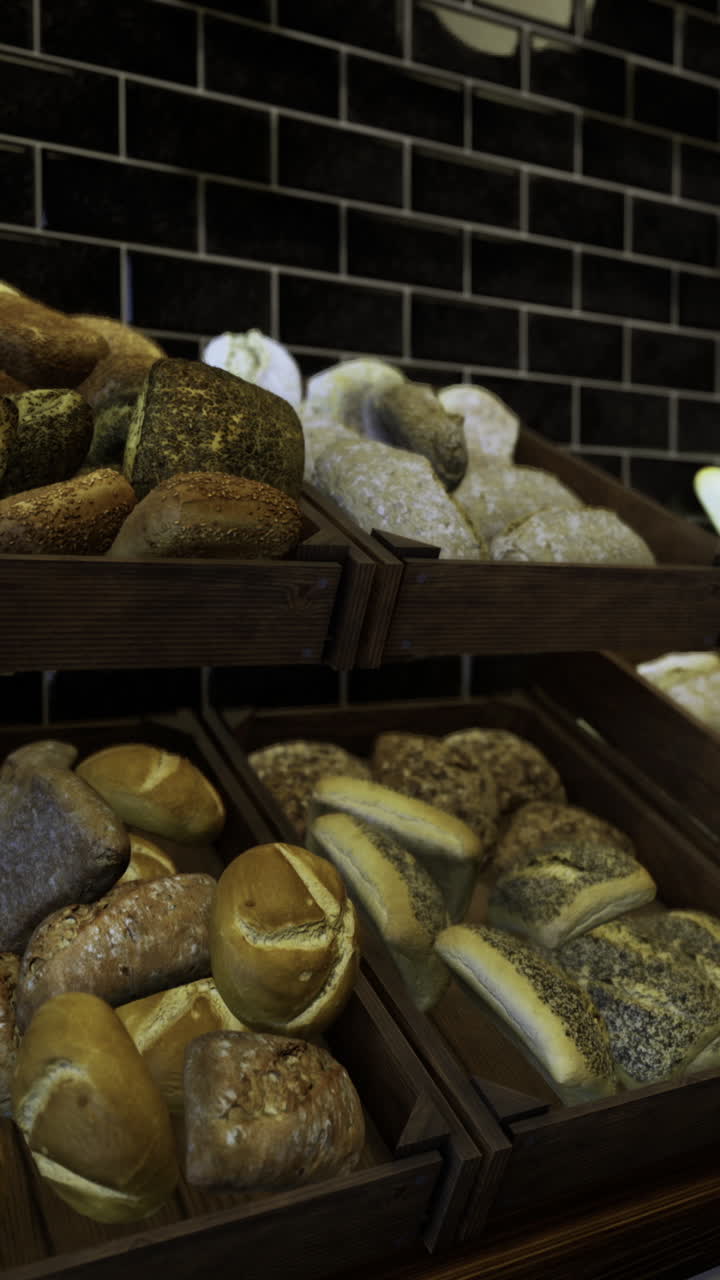 Freshly baked artisan breads displayed in a cozy bakery setting