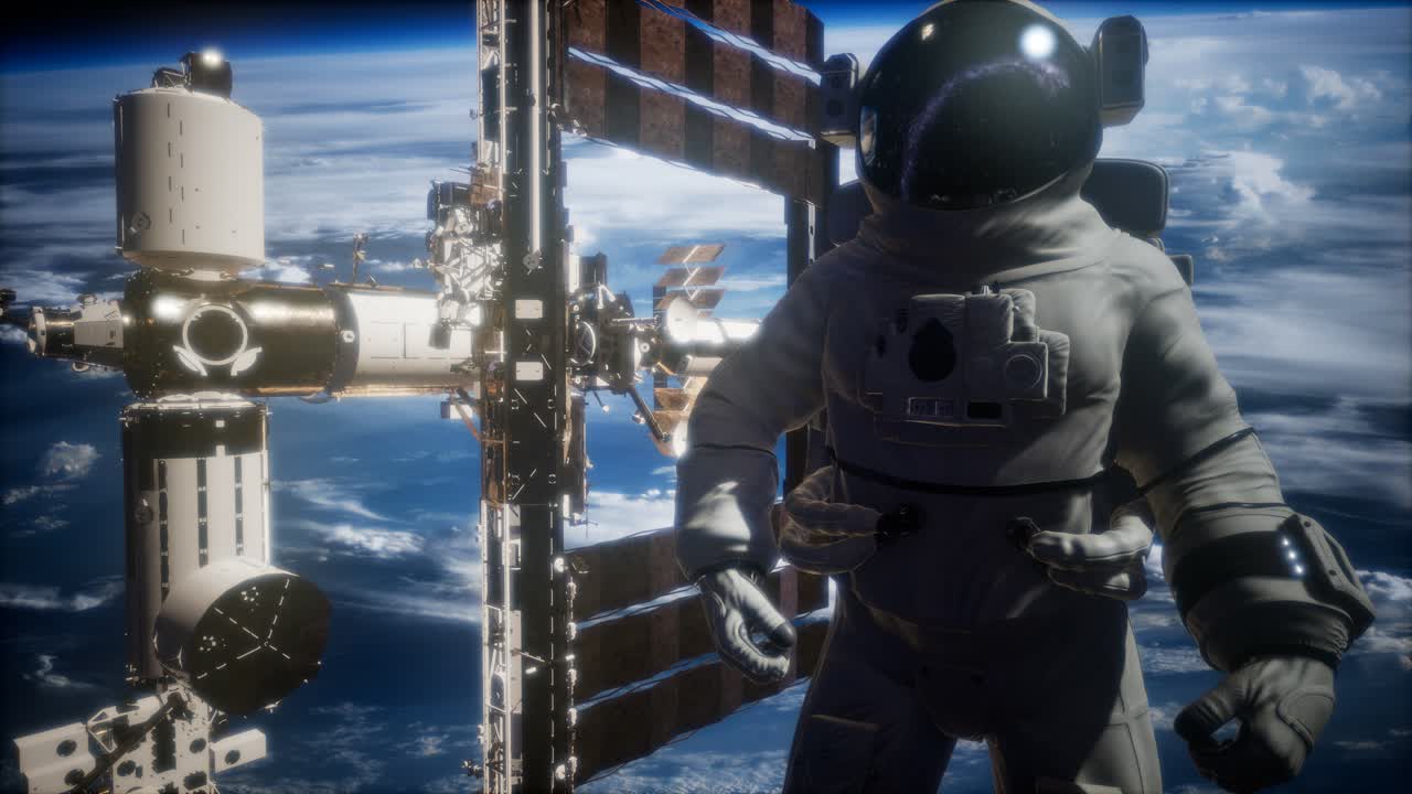 Internationella rymdstationen och astronaut i yttre rymden över planeten jorden