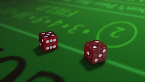 pair of dice thrown onto a craps or crapaud table with glittering poker machines in a casino background - craps throws - translucent red dice throw of five and two - seven