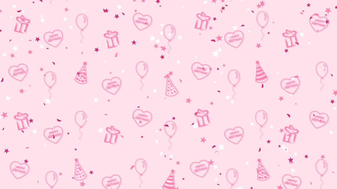 Sfondo astratto Buon compleanno con palloncini, cappellini da festa e cuori